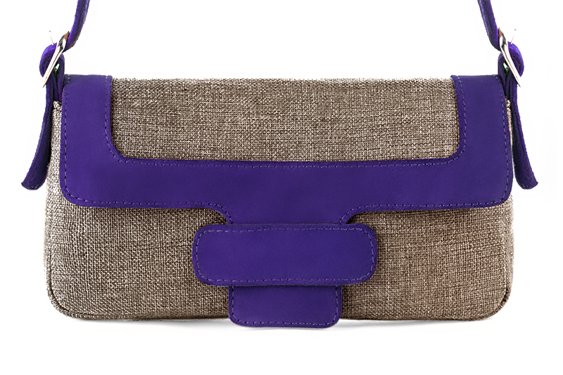 Tan beige and violet purple women's small dress handbag, matching pumps and belts - Florence KOOIJMAN